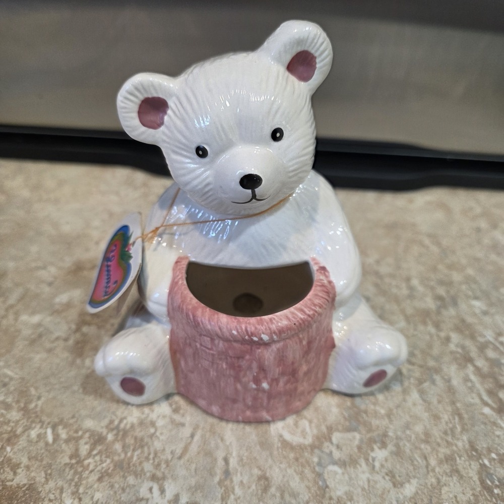 Vintage Porcelain White Bear Planter LOOMCO Gift Tag 1992 5" Ceramic Oso